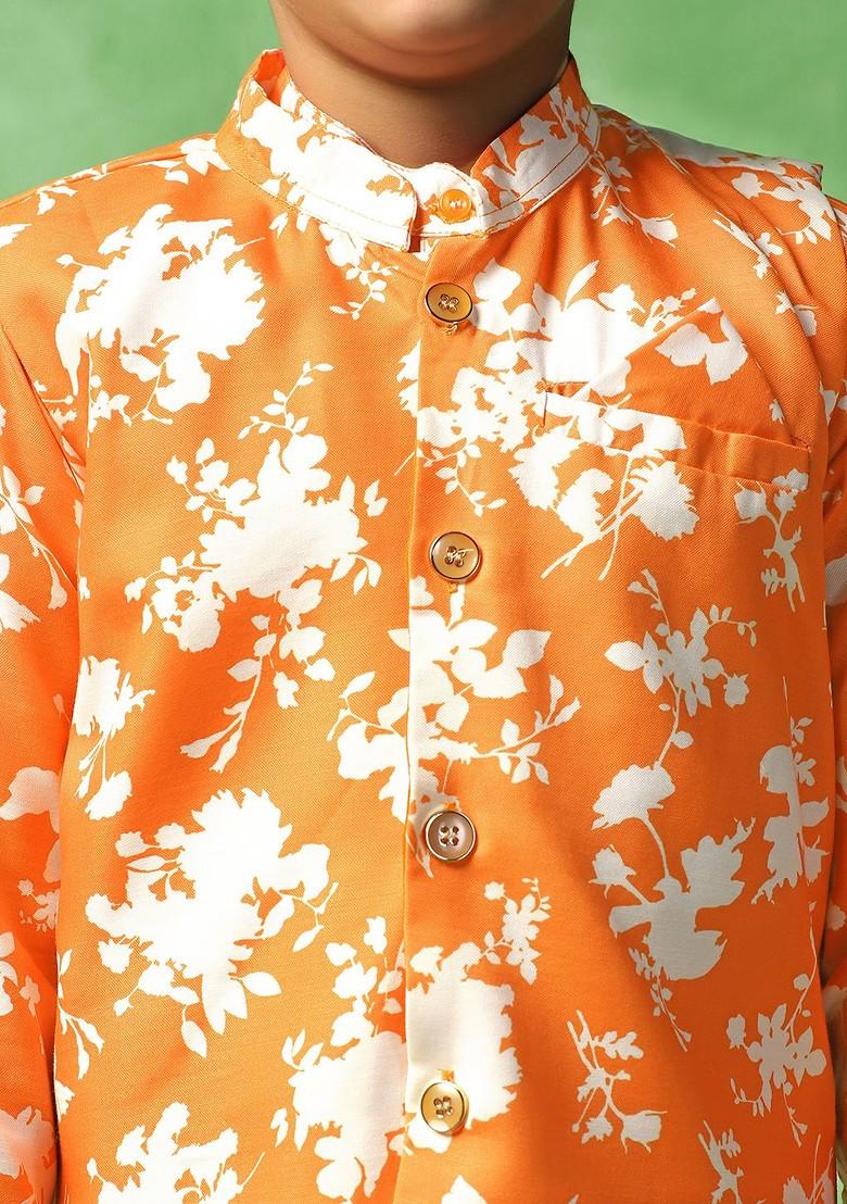 Orange Printed Blended Kurta Set For Boys - Indya