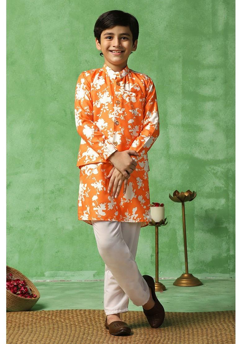 Orange Printed Blended Kurta Set For Boys - Indya