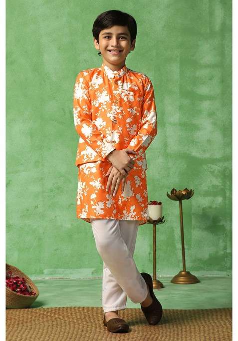 Orange Printed Blended Kurta Set For Boys