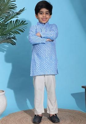 Blue Striped Blended Kurta Set For Boys