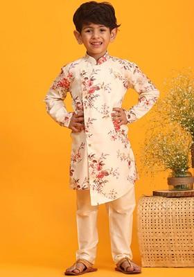 Cream Printed Blended Kurta Set For Boys