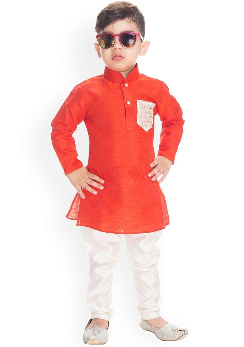 Red Embroidered Blended Kurta Set For Boys - Indya