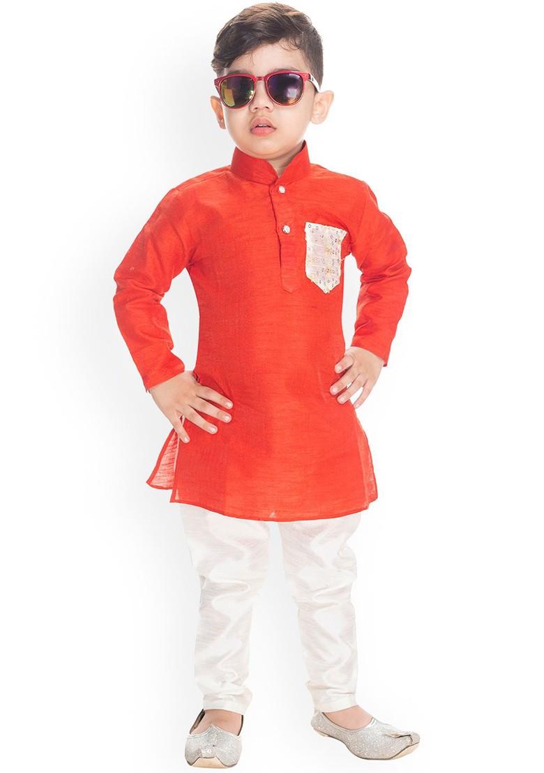 Red Embroidered Blended Kurta Set For Boys - Indya