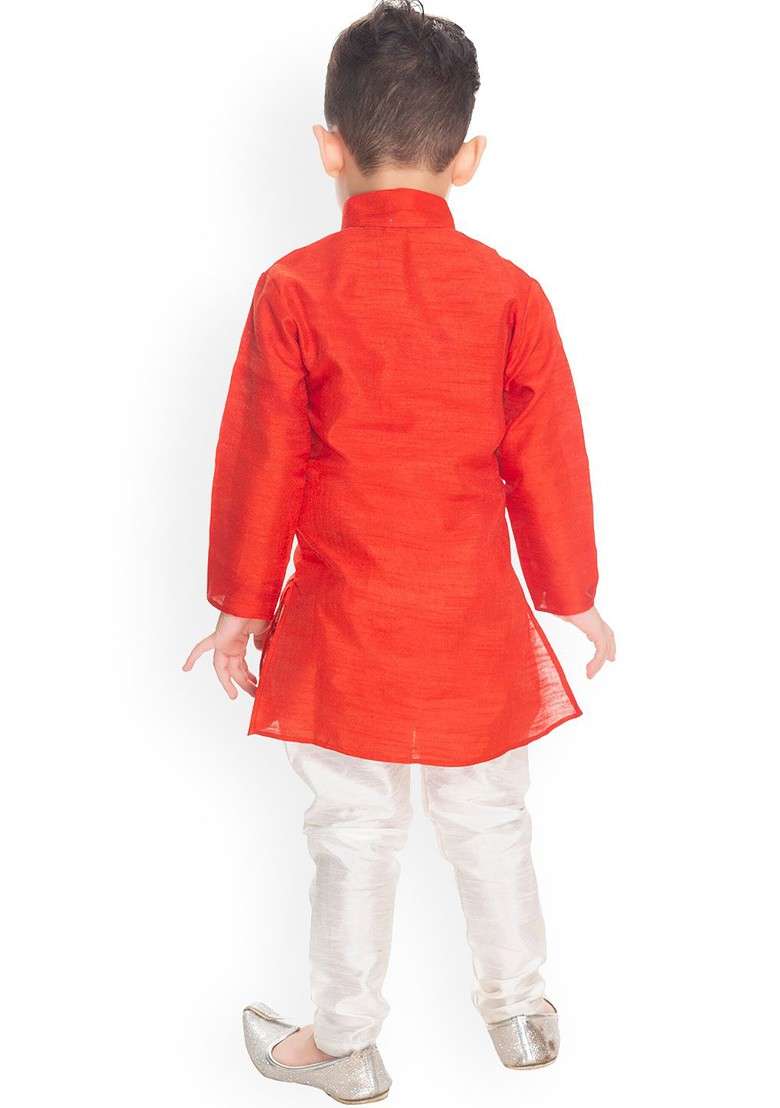 Red Embroidered Blended Kurta Set For Boys - Indya