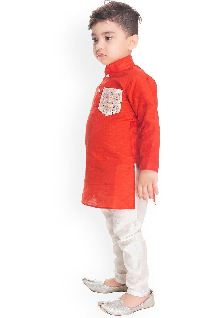 Red Embroidered Blended Kurta Set For Boys - Indya