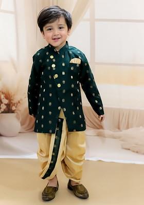 Green Printed Blended Kurta Dhoti Set For Boys