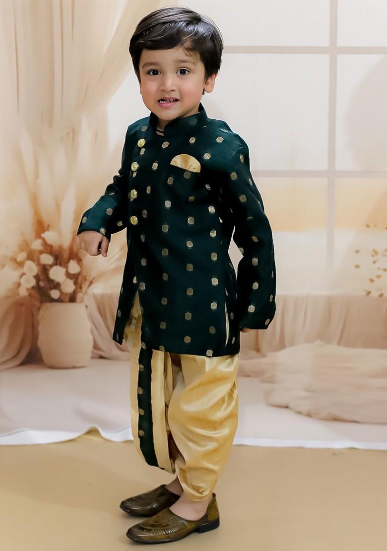 Green Printed Blended Kurta Dhoti Set For Boys - Indya