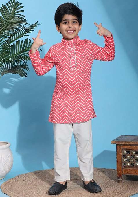 Coral Striped Blended Kurta Set For Boys