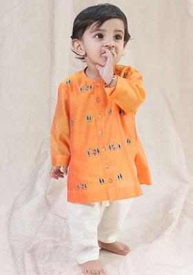 Orange Embroidered Silk Kurta Set For Boys