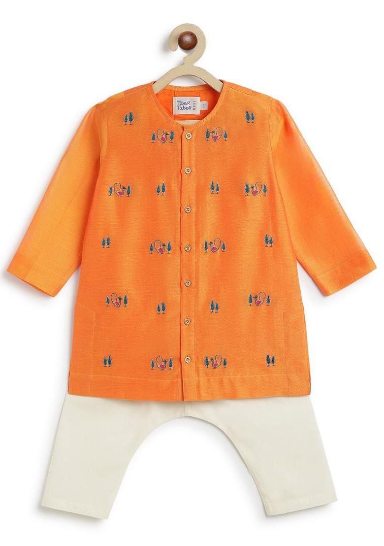 Orange Embroidered Silk Kurta Set For Boys - Indya