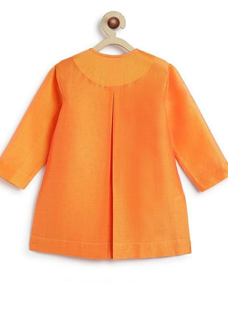 Orange Embroidered Silk Kurta Set For Boys - Indya