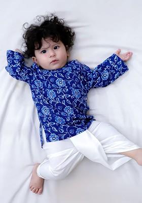 Blue Printed Cotton Kurta Dhoti Set For Boys