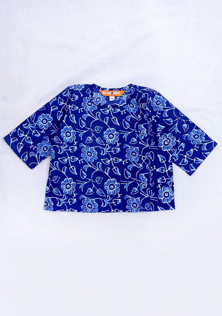 Blue Printed Cotton Kurta Dhoti Set For Boys - Indya