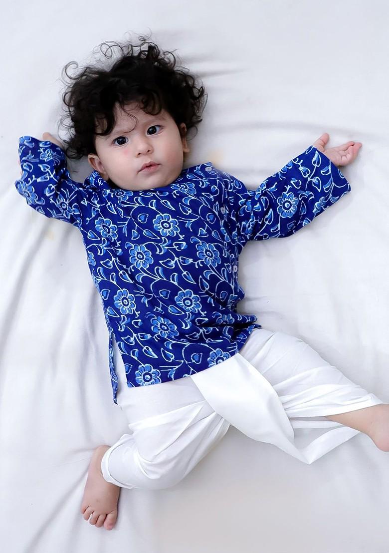 Blue Printed Cotton Kurta Dhoti Set For Boys - Indya