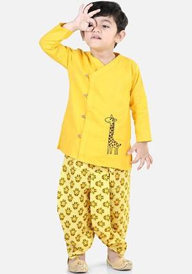 Yellow Embroidered Cotton Kurta Dhoti Set For Boys