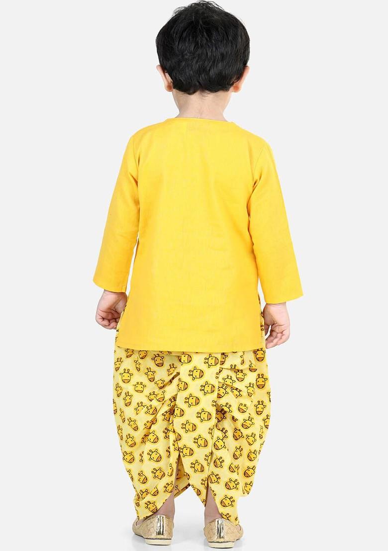 Yellow Embroidered Cotton Kurta Dhoti Set For Boys - Indya
