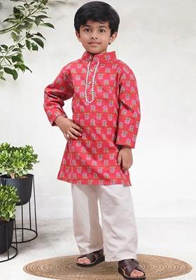 Red Printed Blended Kurta Set For Boys