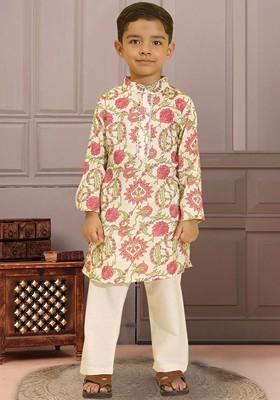 Cream Printed Blended Kurta Set For Boys