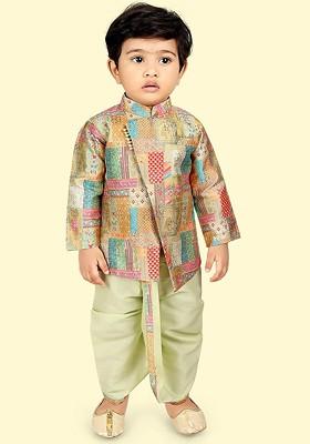 Green Printed Silk Kurta Dhoti Set For Boys