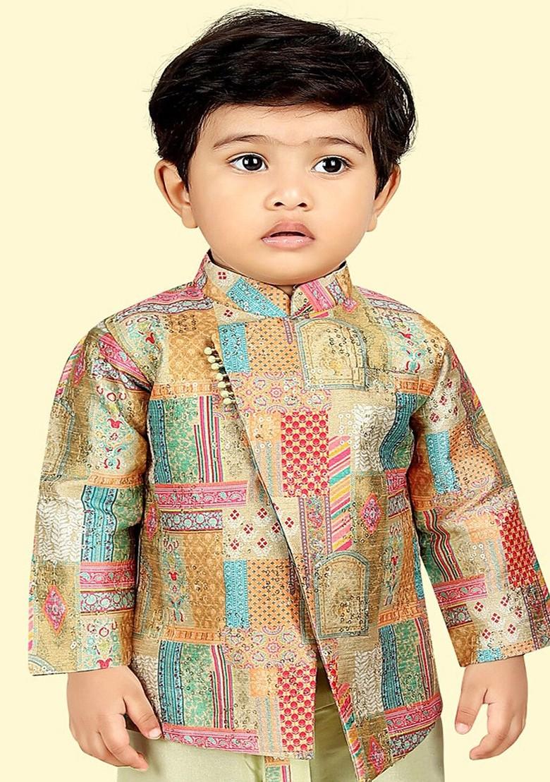 Green Printed Silk Kurta Dhoti Set For Boys - Indya