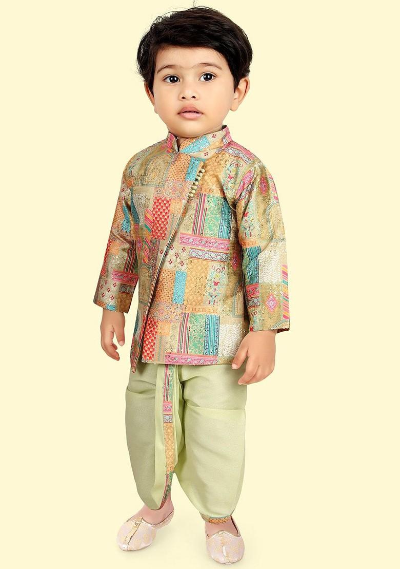 Green Printed Silk Kurta Dhoti Set For Boys - Indya