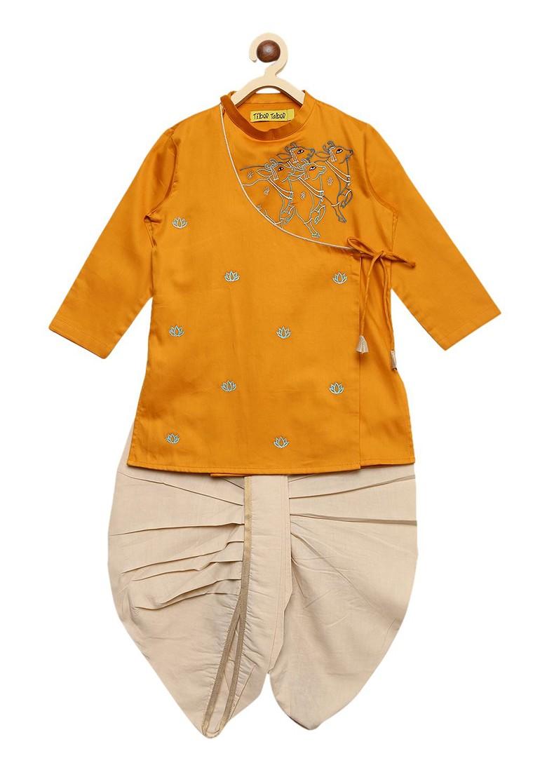 Mustard Embroidered Blended Kurta Dhoti Set For Boys - Indya