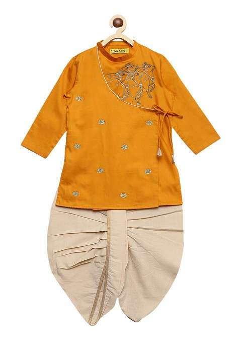 Mustard Embroidered Blended Kurta Dhoti Set For Boys