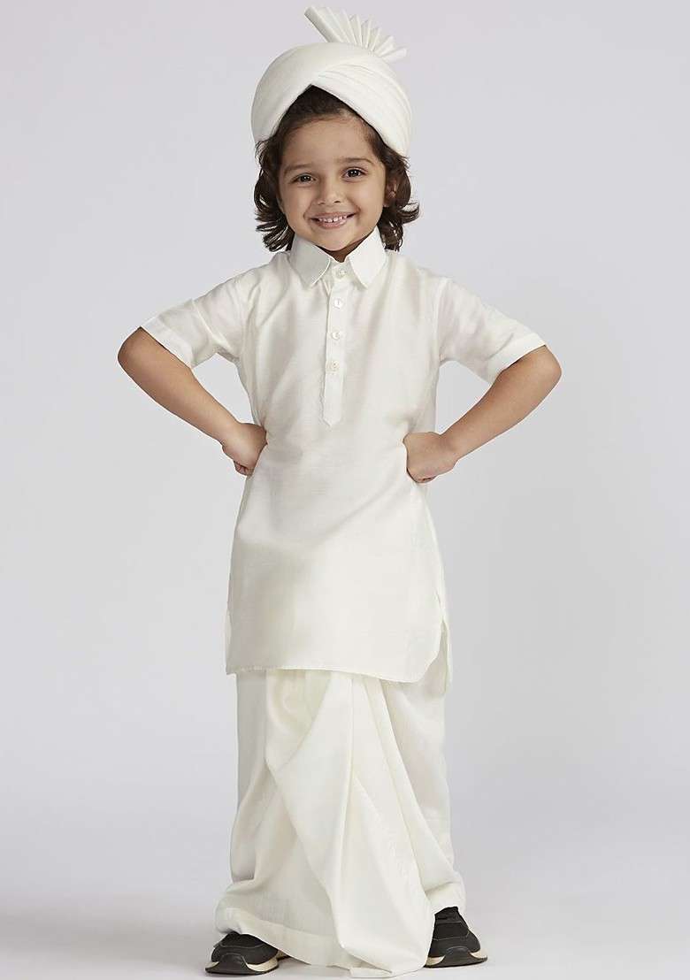 White Embroidered Blended Kurta Set For Boys - Indya