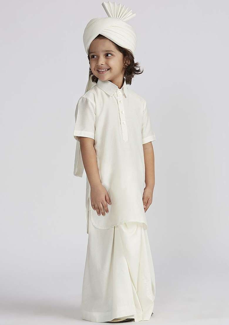 White Embroidered Blended Kurta Set For Boys - Indya