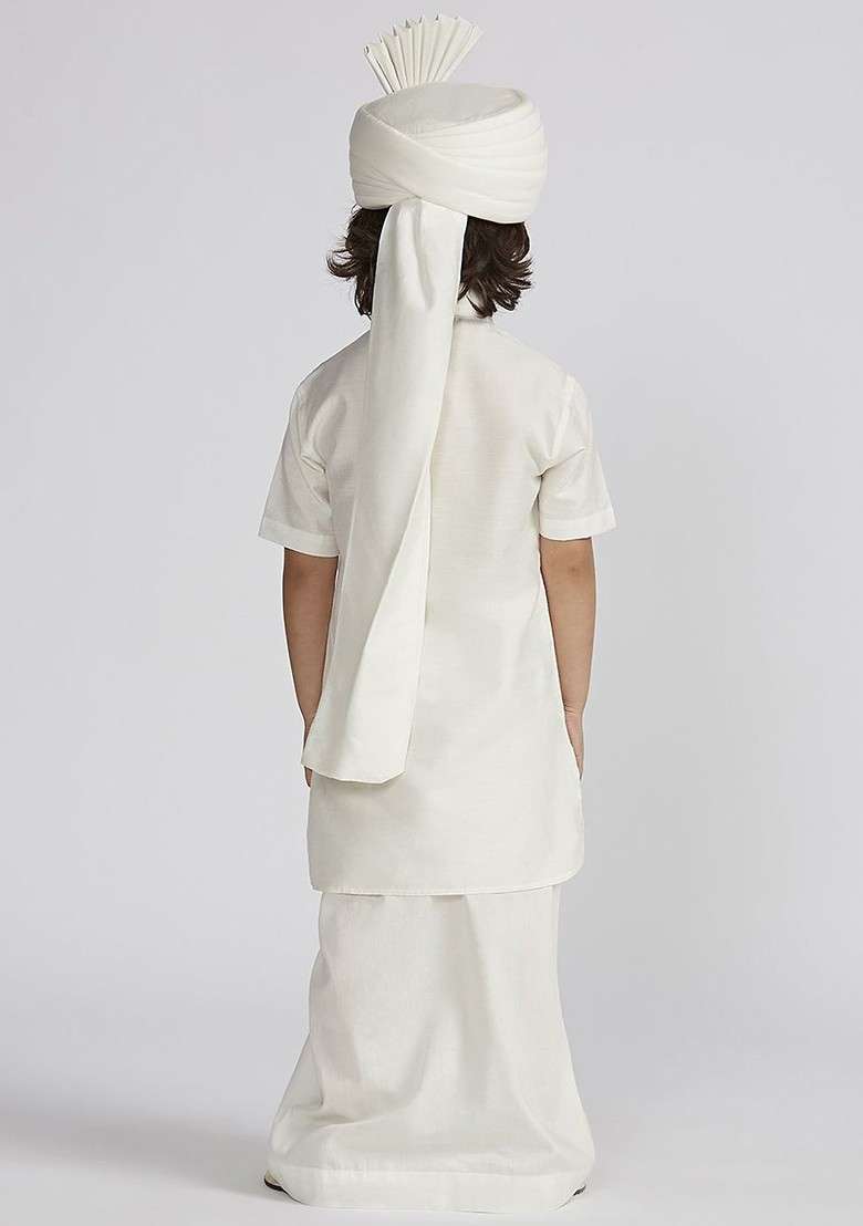 White Embroidered Blended Kurta Set For Boys - Indya