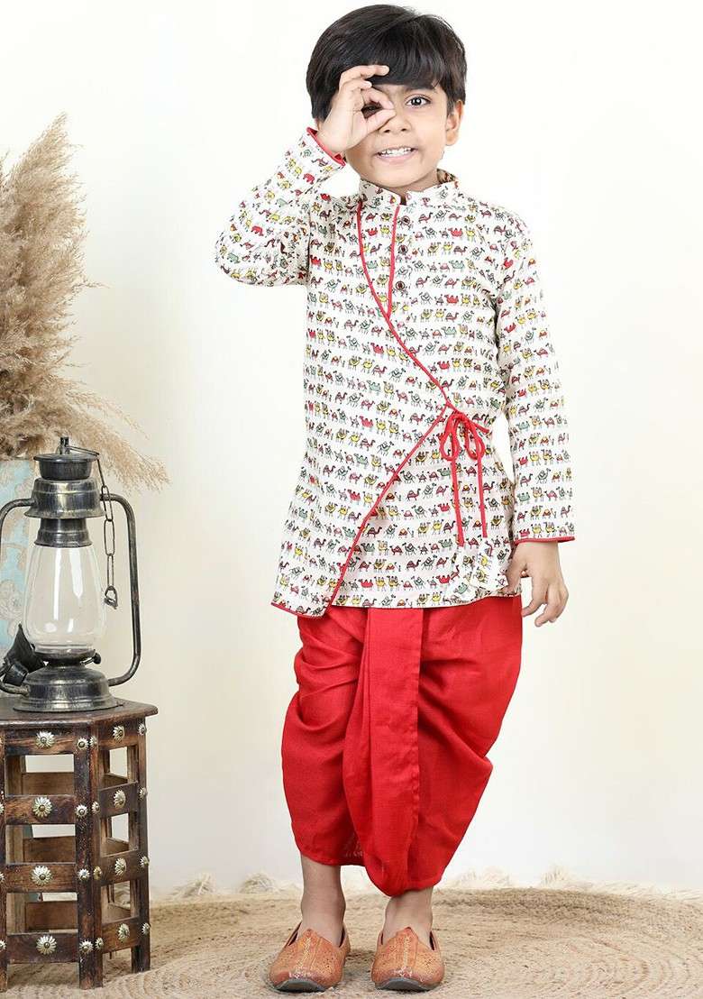 Red Printed Cotton Kurta Dhoti Set For Boys - Indya