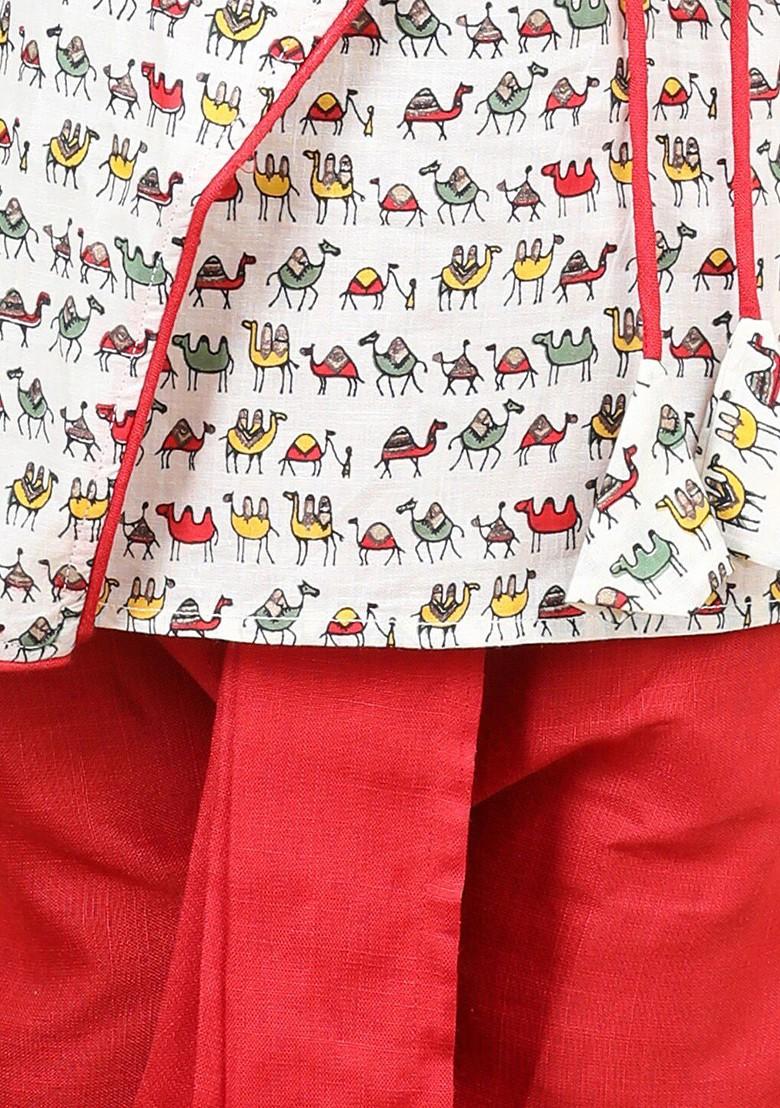Red Printed Cotton Kurta Dhoti Set For Boys - Indya