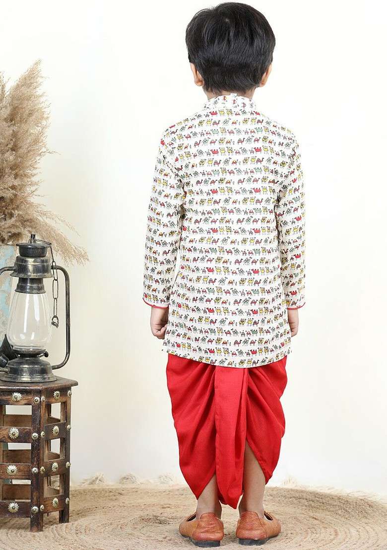 Red Printed Cotton Kurta Dhoti Set For Boys - Indya