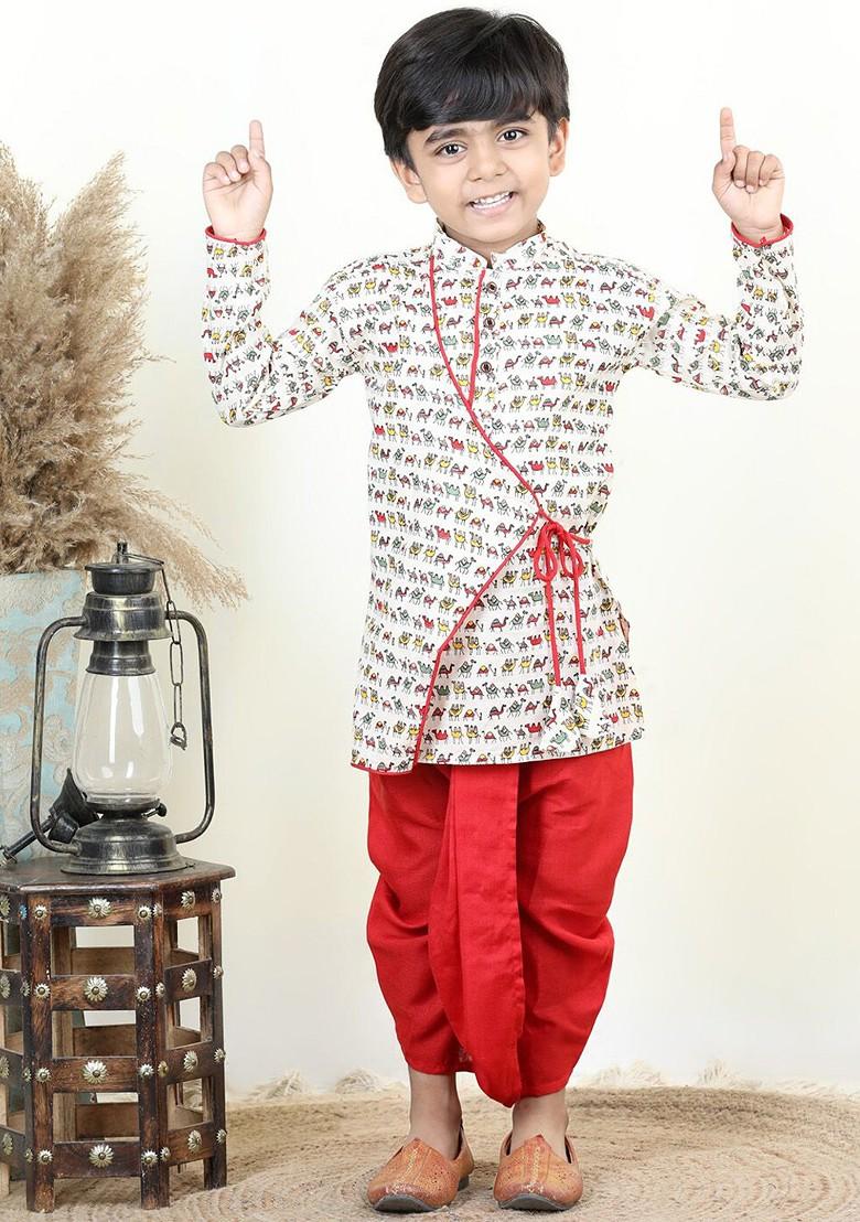 Red Printed Cotton Kurta Dhoti Set For Boys - Indya