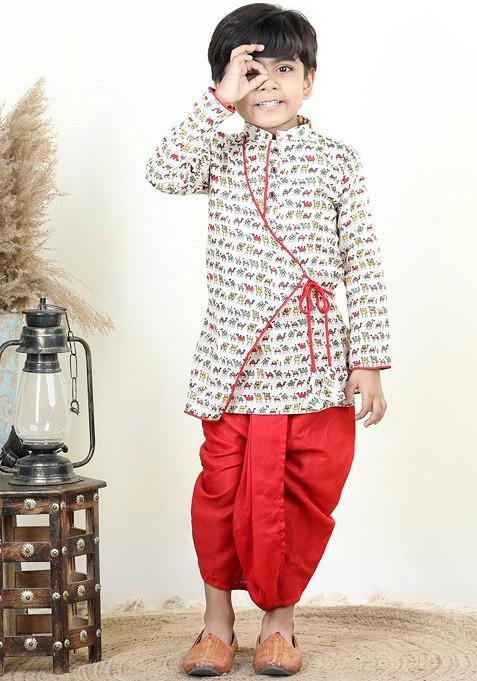 Red Printed Cotton Kurta Dhoti Set For Boys — view on Indya