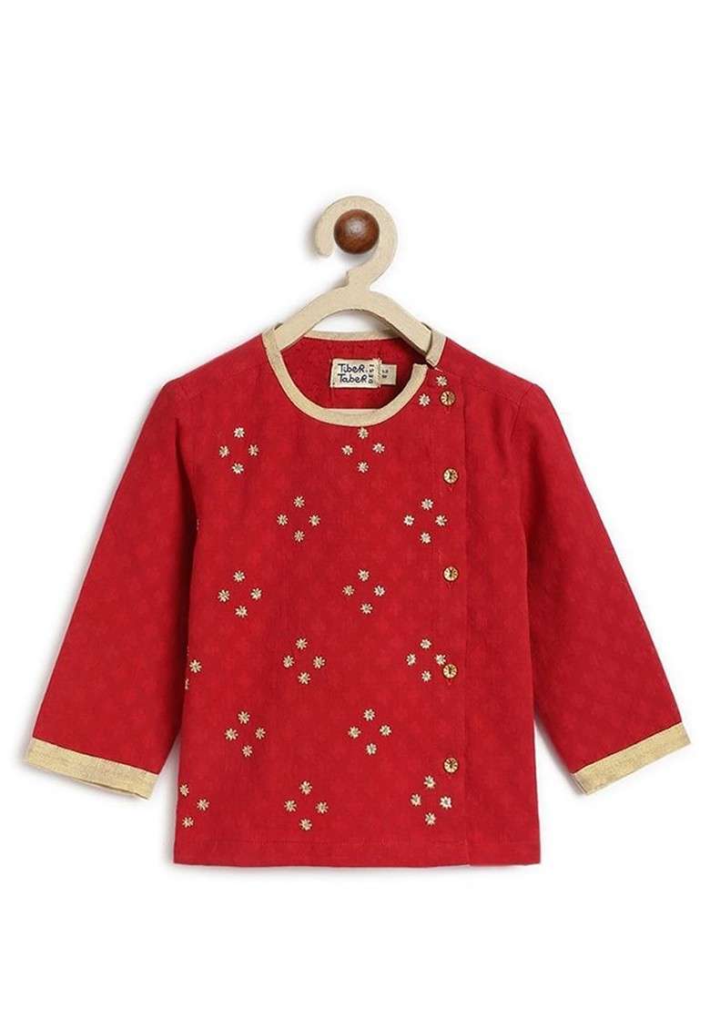 Red Embroidered Cotton Kurta Dhoti Set For Boys - Indya