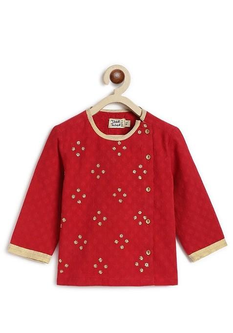 Red Embroidered Cotton Kurta Dhoti Set For Boys — view on Indya