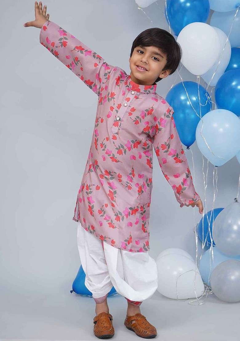 Rose Printed Cotton Kurta Dhoti Set For Boys - Indya