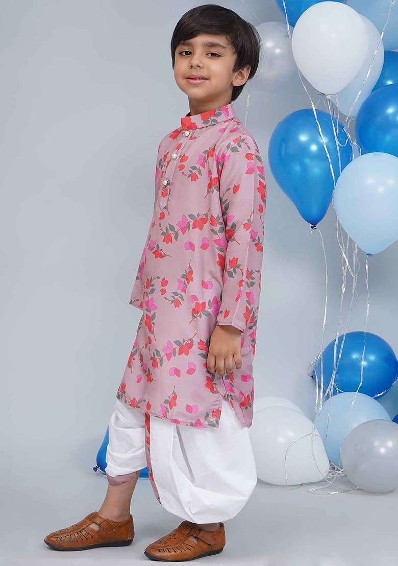 Rose Printed Cotton Kurta Dhoti Set For Boys - Indya
