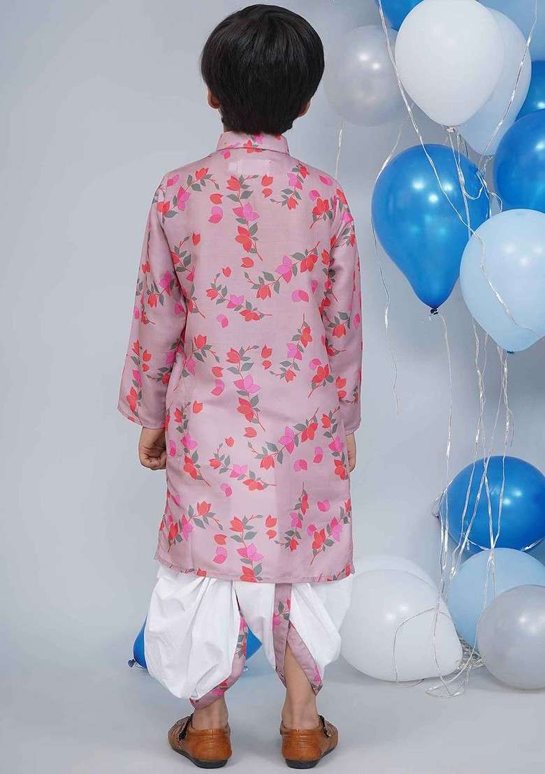 Rose Printed Cotton Kurta Dhoti Set For Boys - Indya