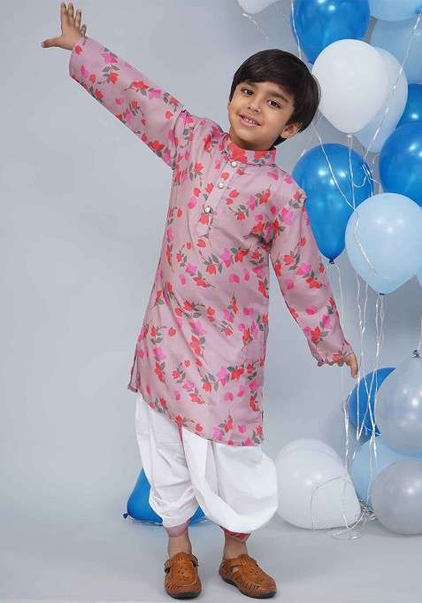Rose Printed Cotton Kurta Dhoti Set For Boys