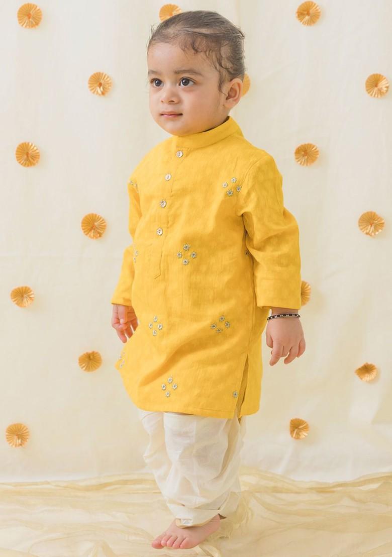 Yellow Embroidered Cotton Kurta Dhoti Set For Boys - Indya
