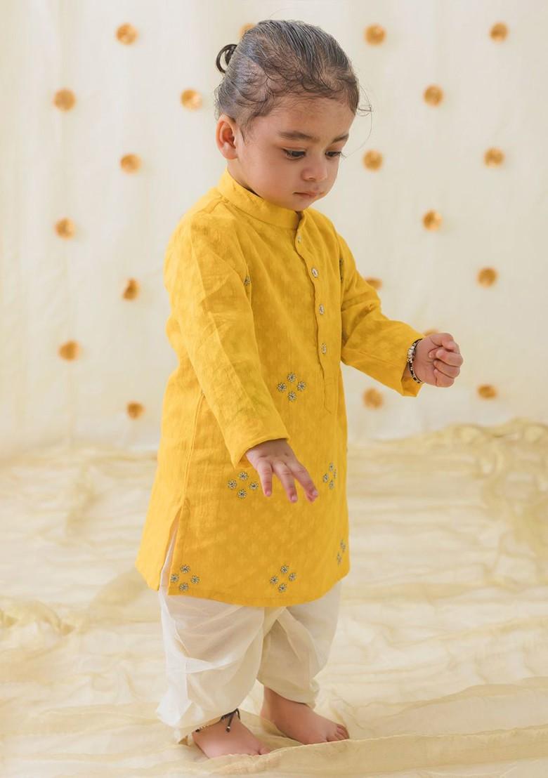 Yellow Embroidered Cotton Kurta Dhoti Set For Boys - Indya