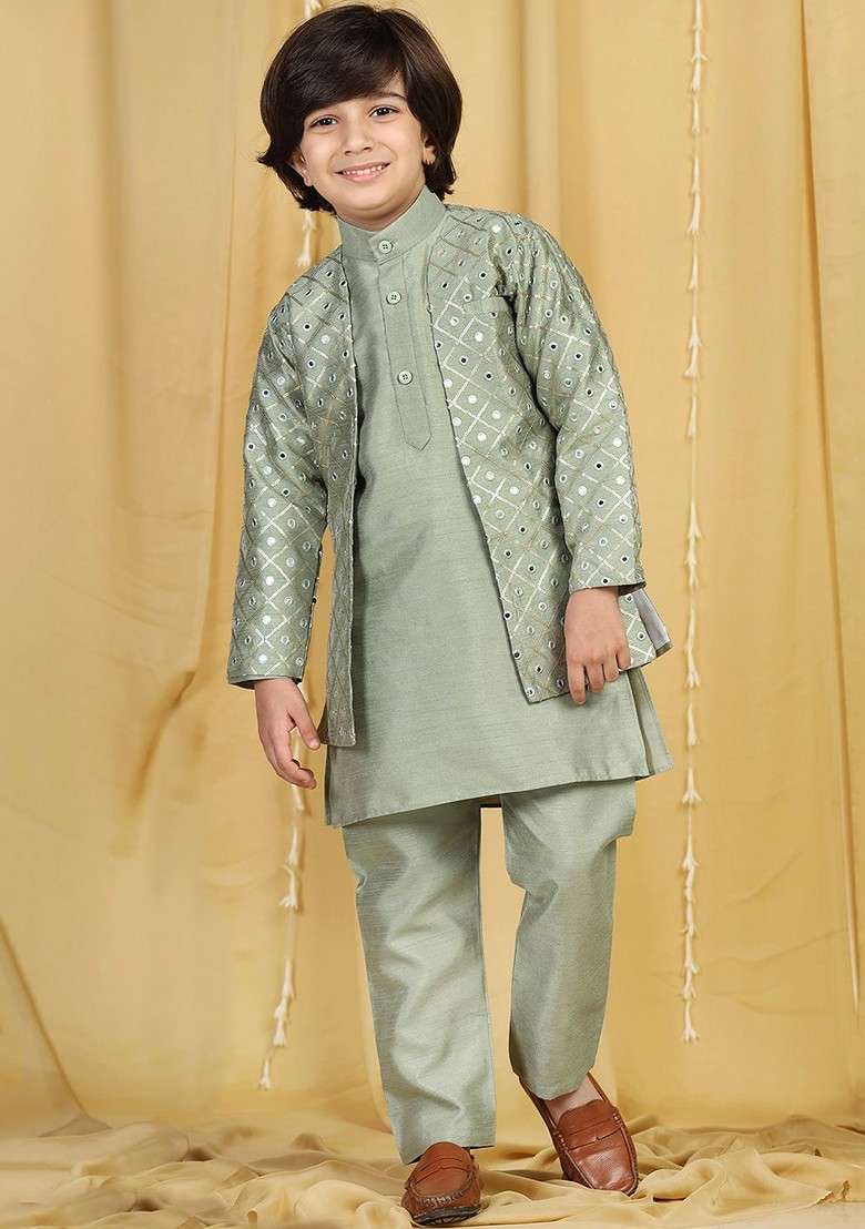 Green Embroidered Blended Kurta Set For Boys - Indya