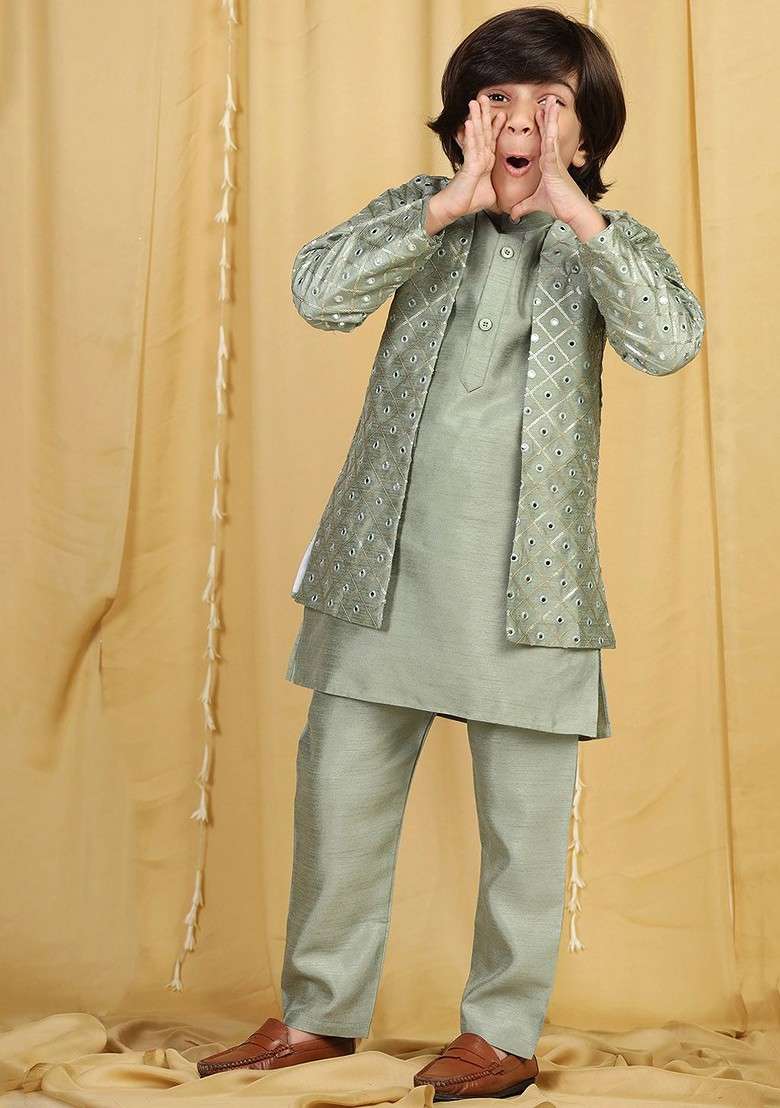 Green Embroidered Blended Kurta Set For Boys - Indya