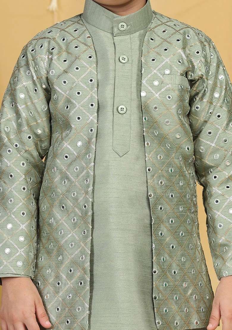 Green Embroidered Blended Kurta Set For Boys - Indya