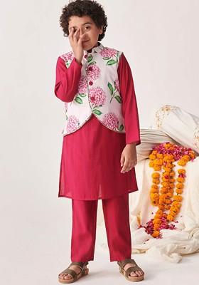 Burgundy Floral Blended Kurta Set For Boys