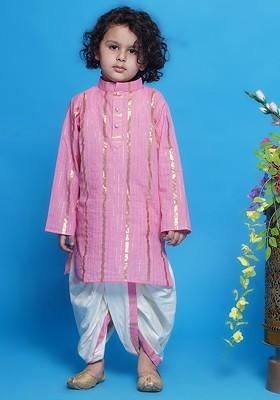 Pink Striped Cotton Kurta Dhoti Set For Boys
