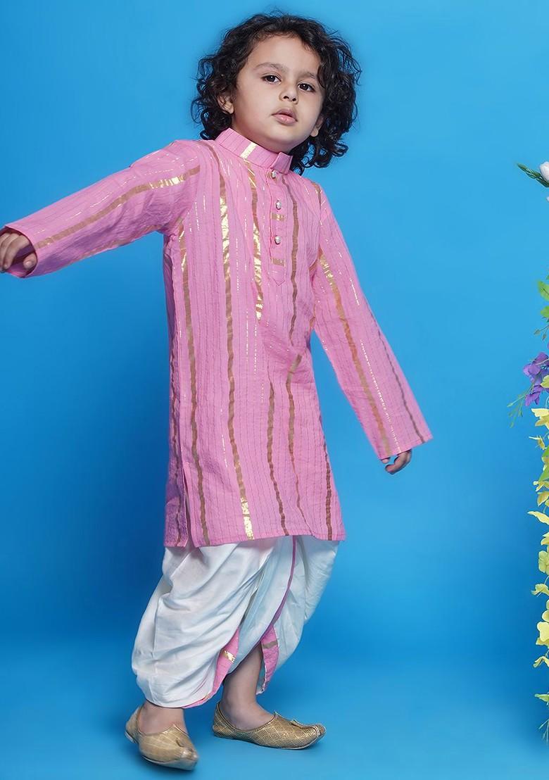 Pink Striped Cotton Kurta Dhoti Set For Boys - Indya