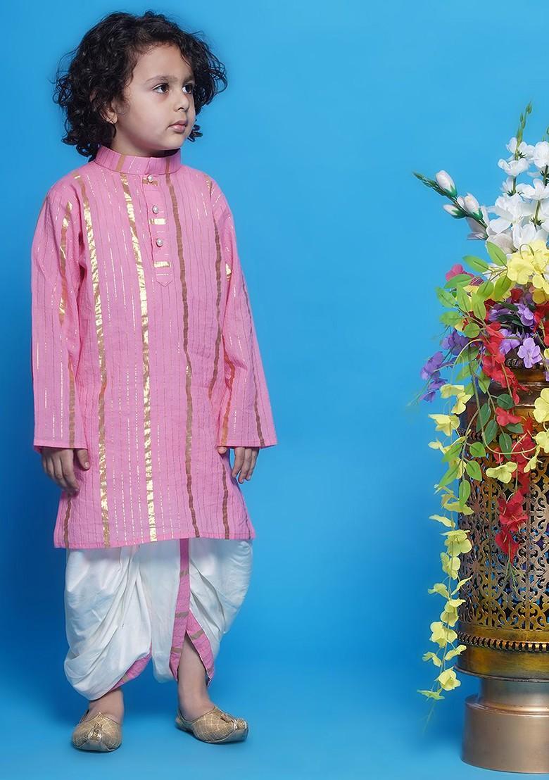 Pink Striped Cotton Kurta Dhoti Set For Boys - Indya